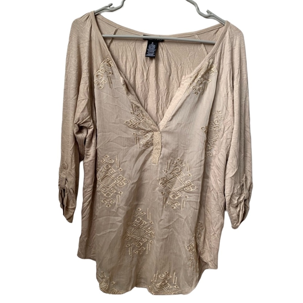 RXB Women’s Ivory Tan V-Neck Embroidered Front Long Sleeve Rayon Spandex Shirt